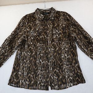 Jones New York Leopard Print Size 14 Pockets Semi-Sheer Button-up Tab Sleeves